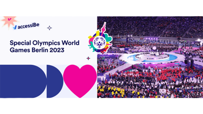 Graphic includes accessiBe logo with text Special Olympics World Games Berlin 2023 and a picture of the opening ceremony from World Games Berlin 2023.