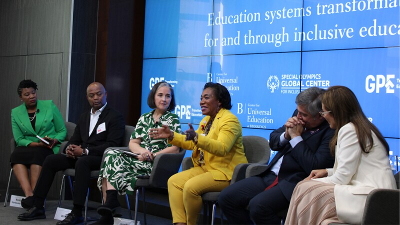 Photo depicts ministers from Seychelles, Malawi, Paraguay, and Minnesota alongside Jennifer O'Donoghue, Brookings Institution Deputy Director, Center for Universal Education, engaged in a discussion on challenges and lessons learned in transforming education systems for inclusivity. This image captures their diverse perspectives and collaborative efforts toward inclusive education.