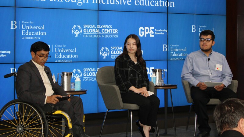 Photo depicts Khadim Hussain, a Brookings Echidna Global Scholar Alumni, Kate Gonzalez, Special Olympics Global Youth Leadership Council Member, and Samuel Lara, Special Olympics Global Youth Leadership Council Member engaged in a discussion on priorities for fostering greater inclusion, as part of a dialogue on youth perspectives. This image captures their conversation on building inclusive communities.