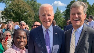 (left to right) Special Olympics DC athlete and SOI staff member, Novie Craven, President Joe Biden and Special Olympics International (SOI) Chairman Timothy Shriver 