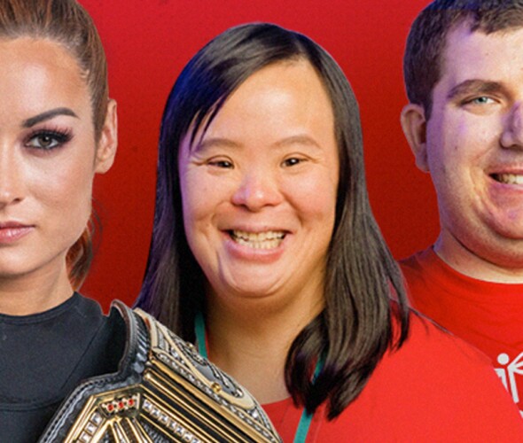 Becky Lynch with a WWE belt around her shoulder standing next to Stephanie Ching, and Greg Deemer.