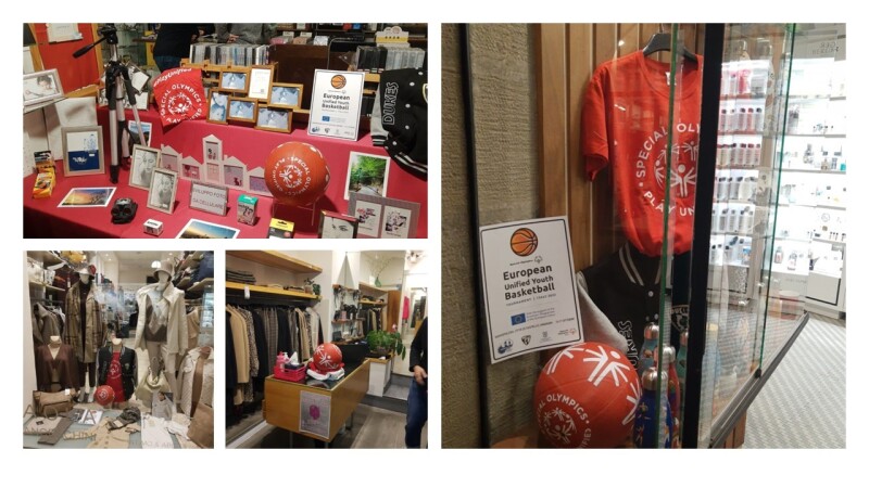 A collage image of shop windows with balls and t-shirts bearing the Play Unified logo and cardboard with the logo of the European Basketball Tournament.