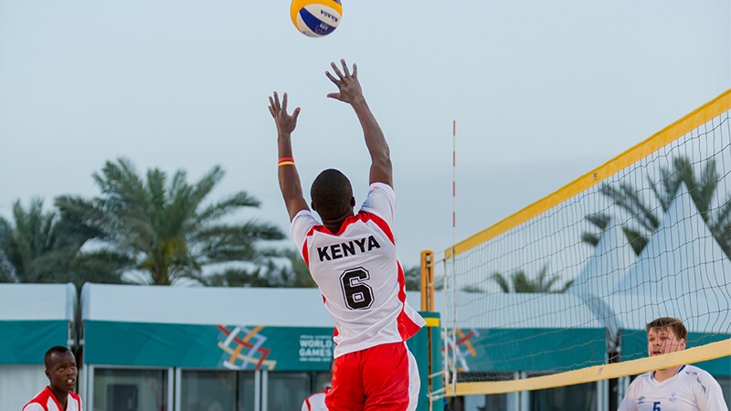 World Games Abu Dhabi 2019: athletes playing volleyball on the beach. 