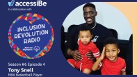 Alex Snell NBA athlete sitting with his two kids. Logos for AccessiBe, Inclusion Revolution Radio, and Gallagher. 