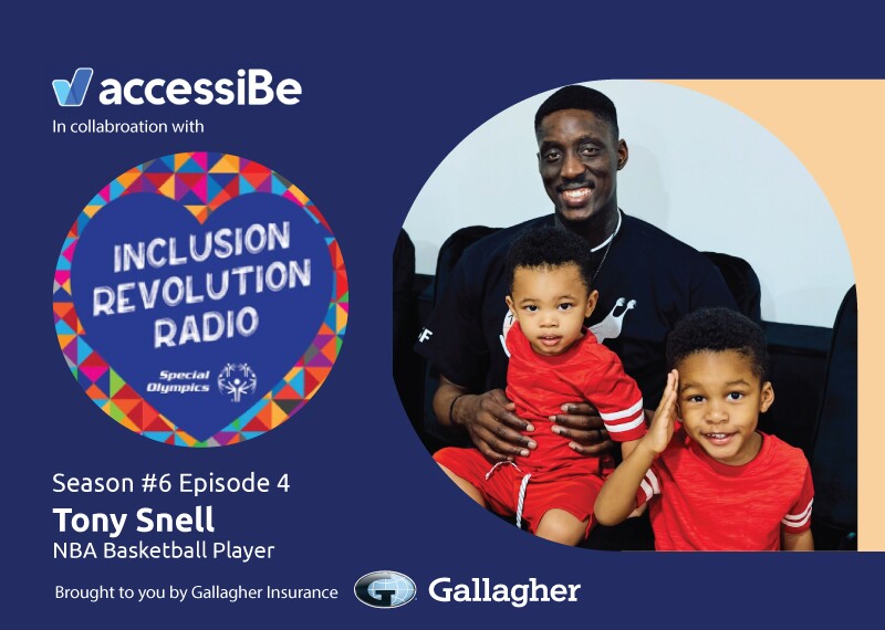 Alex Snell NBA athlete sitting with his two kids. Logos for AccessiBe, Inclusion Revolution Radio, and Gallagher. 