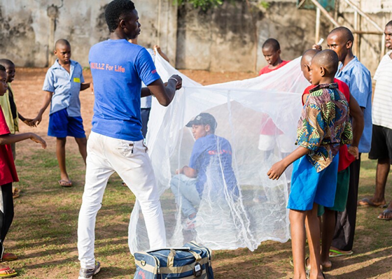 Group of boys outside holding up a mosquito net. 