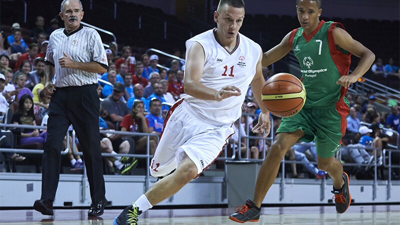 A basketball game being played at Special Olympics World Summer Games Los Angeles 2015