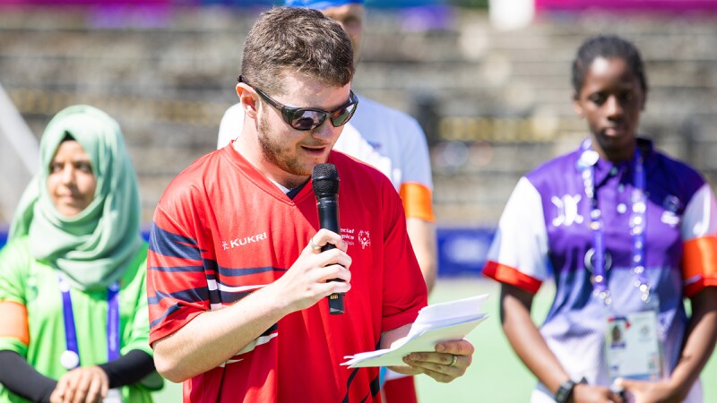 Rob Crosse, of the Special Olympics Great Britain Hockey Team speaking. 