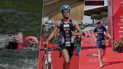 Three images: (Left) athlete swimming; (middle) man walking with his bike; (right) man finishing a run. 