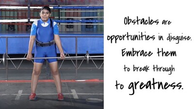 Young woman deadlifting. Text reads: Obstacles are opportunities in disguise. Embrace them to break through to greatness. 