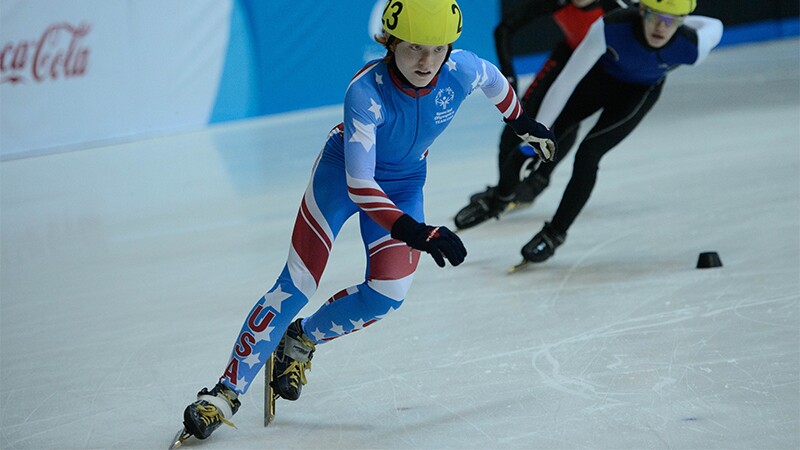 Short Track Speed Skaters racing on the ice in Pyeong Chang Korea. 