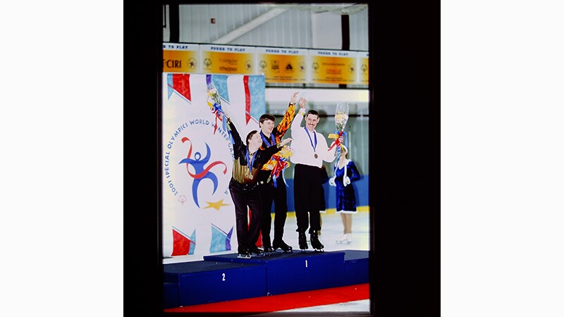 Skating athletes celebrating their victory. 