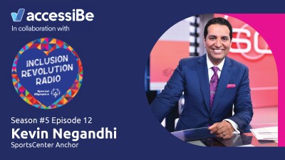 Graphic includes accessiBe and Inclusion Revolution Radio logo and a photo of Kevin Negandhi smiling with text that reads “Season #5 Episode 12 Kevin Negandhi SportsCenter Anchor”