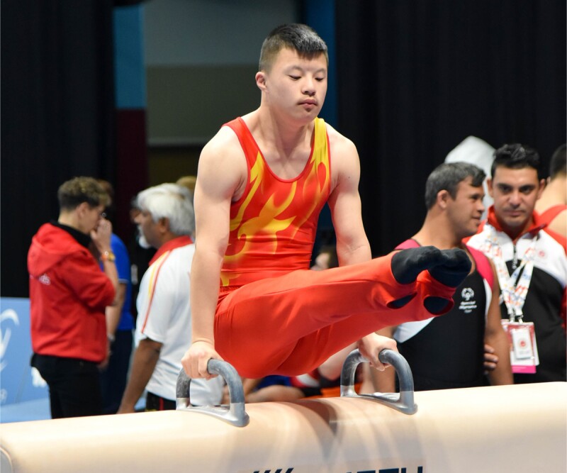 Artistic gymnast Li Xiang on the pommel horse. 