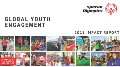 Cover page of the Global Youth Engagement Impact Report. Photos of youth engaging in Special Olympics around the world. 