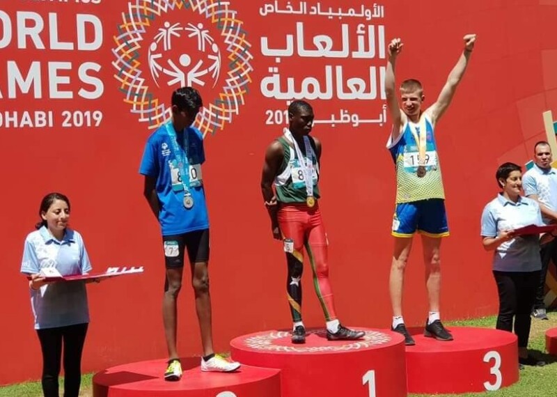 Special Olympics Bosnia and Herzegovina athlete Njegoš Mihajlović on the podium of the 400m race at the Abu Dhabi World Games 2019