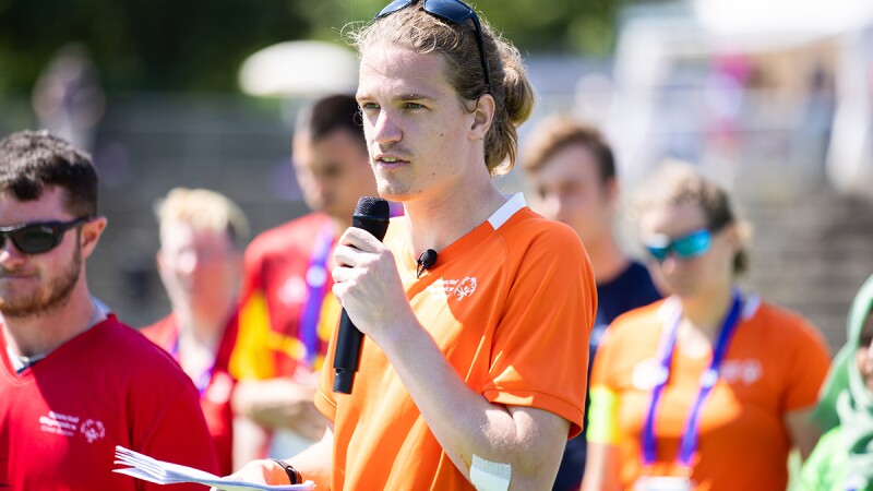 Sem Storm of the Special Olympics Netherlands Hockey Team speaking. 