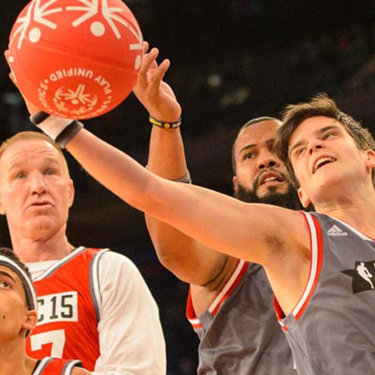 Special Olympics Belgium athlete Cedriek Beerten (No. 17) reaches for the ball during the 2015 NBA Cares Unified Basketball Game at Madison Square Garden in New York City.