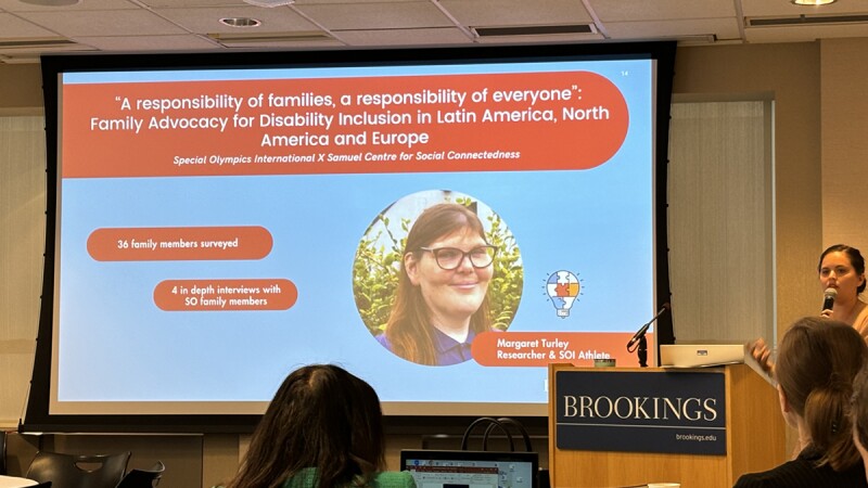 Photo shows Paula Camino, Fellow at Brookings, leading a discussion on strengthening partnerships between families of students with disabilities and schools. This image captures the collaborative exchange aimed at enhancing support networks and educational outcomes for students with disabilities.