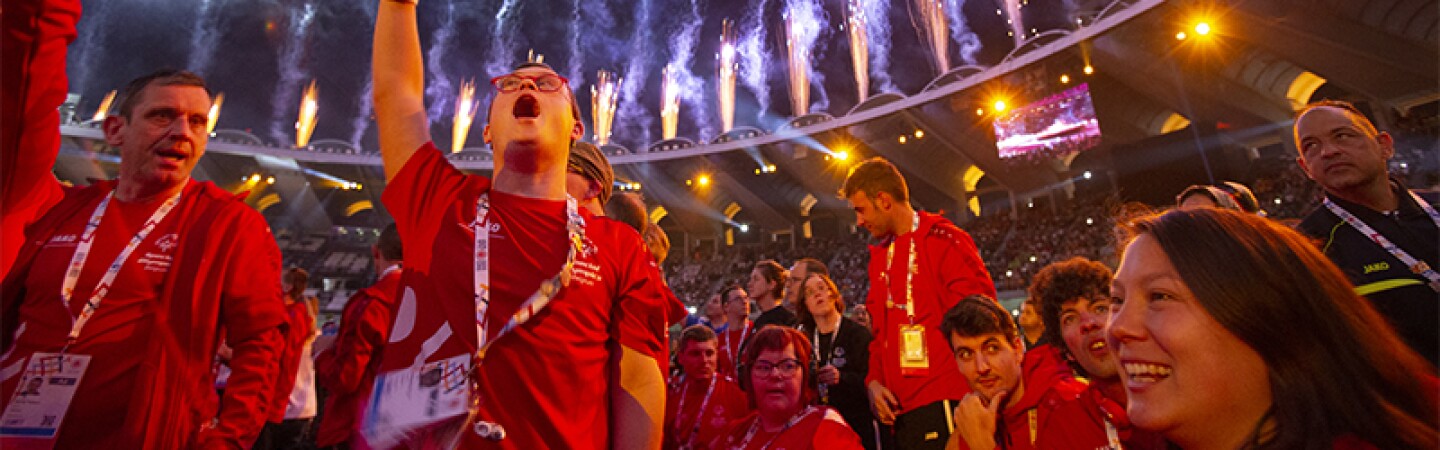 A crowd of spectators watching fireworks go off above them in an arena. 