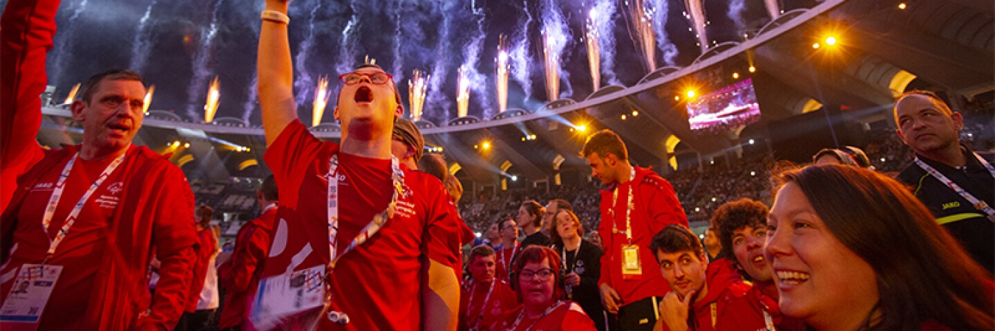 A crowd of spectators watching fireworks go off above them in an arena. 