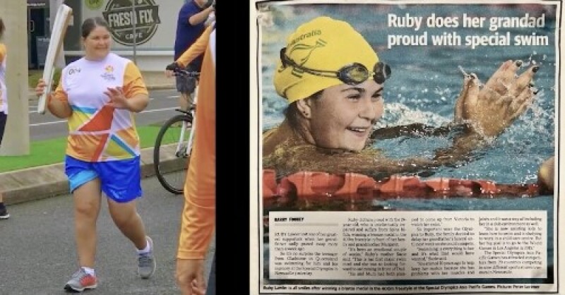 Ruby Lawler running and an article about her and she's swimming. 