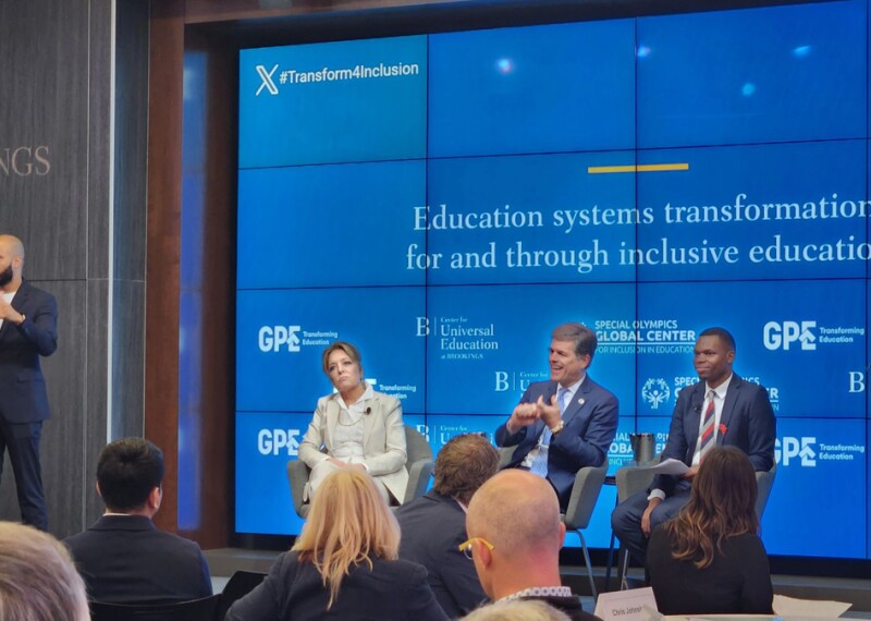 Photo shows Nyasha Derera, Yasmine Sherif, and Dr. Tim Shriver, engaged in a discussion on transforming education systems to be fully inclusive of learners with disabilities. 