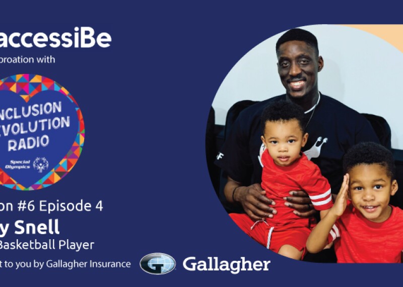 Alex Snell NBA athlete sitting with his two kids. Logos for AccessiBe, Inclusion Revolution Radio, and Gallagher. 