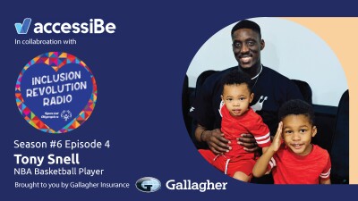 Alex Snell NBA athlete sitting with his two kids. Logos for AccessiBe, Inclusion Revolution Radio, and Gallagher. 