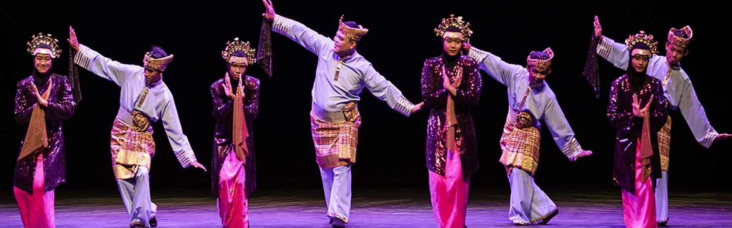 Dancers in costume on stage performing. 