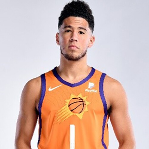 Devin Booker in his Phoenix Suns jersey. 