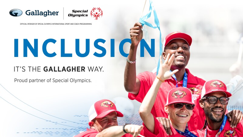 Four individuals in all red waving and celebrating. Text on the ad reads: Gallagher | Special Olympics
Official sponsor of Special Olympics International Sport and Coach programs. 
Inclusion 
It's the Gallagher way. 
Proud partner of Special Olympics. 