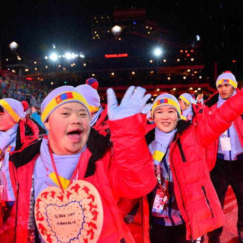 Mongolia delegation walking on the red carpet during opening ceremonies. 