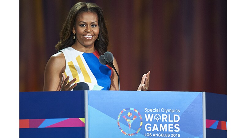 Michelle Obama speaking at the opening event at Special Olympics World Summer Games Los Angeles 2015