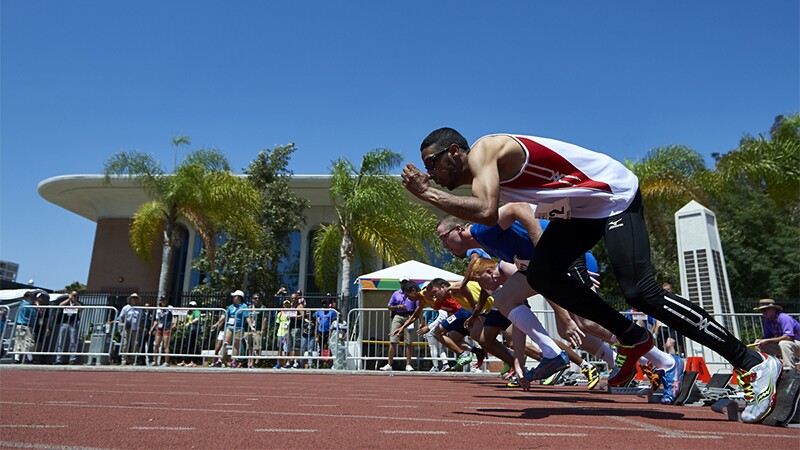 Athletes taking off running at Special Olympics World Summer Games Los Angeles 2015 on the track. 